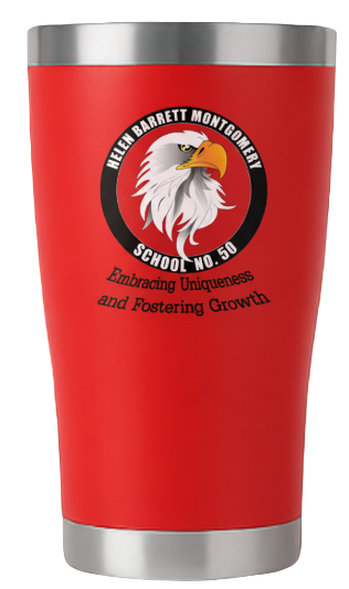 Red tumbler with a logo and text on a black background